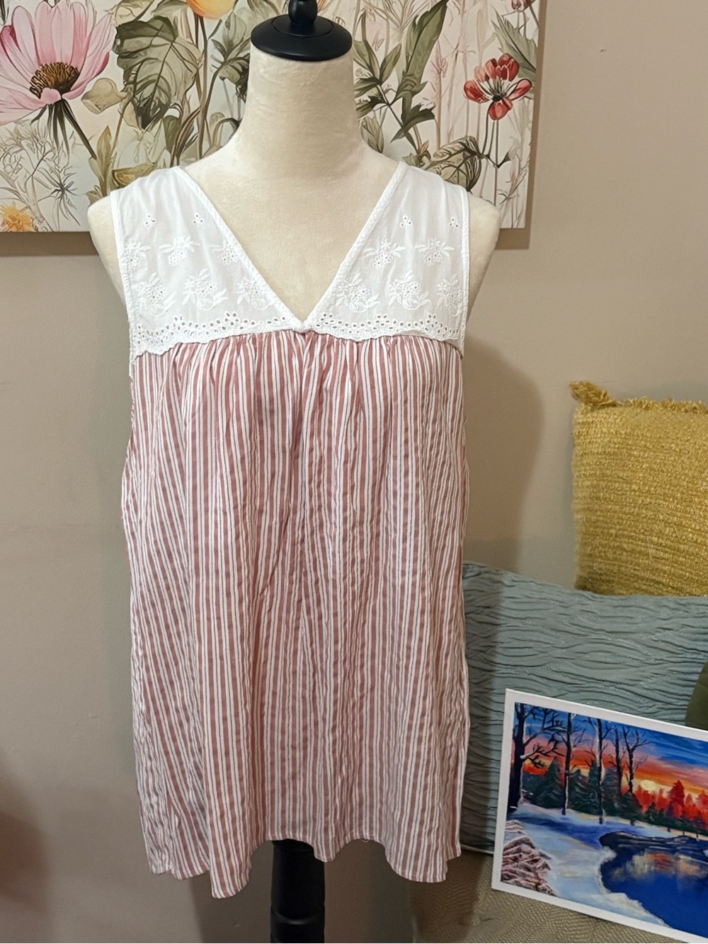 Suzanne Betro White and Dusty Rose Striped Cotton Chemise